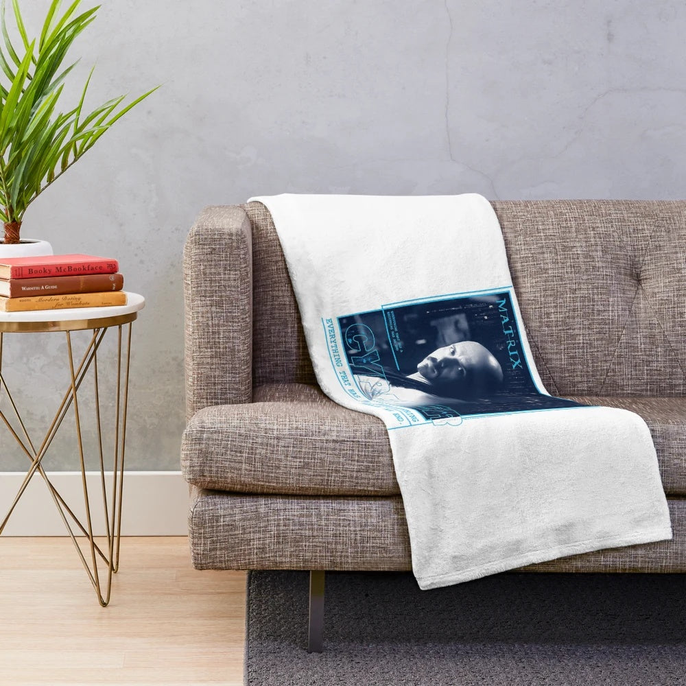 Matrix-inspired plush blanket featuring a glitchy portrait of Cypher from the sci-fi movie The Matrix