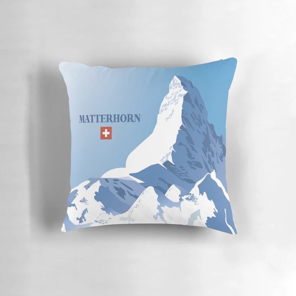Matterhorn mountain in Zermatt, Switzerland featured on a cozy ski poster pillow