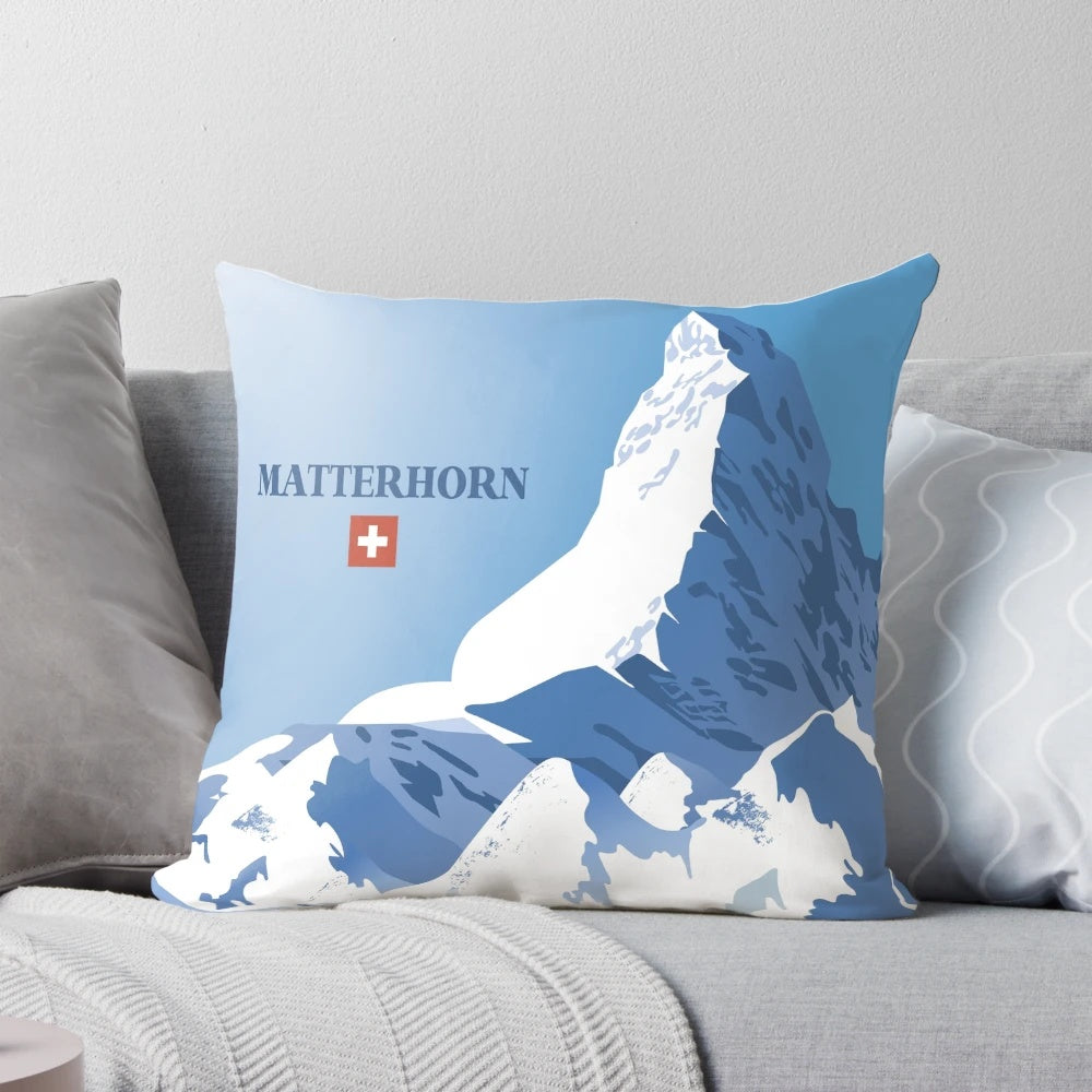 Matterhorn mountain in Zermatt, Switzerland featured on a cozy ski poster pillow