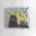 Maud Lewis inspired pillow featuring three black cats, a charming home decor piece for cat lovers.