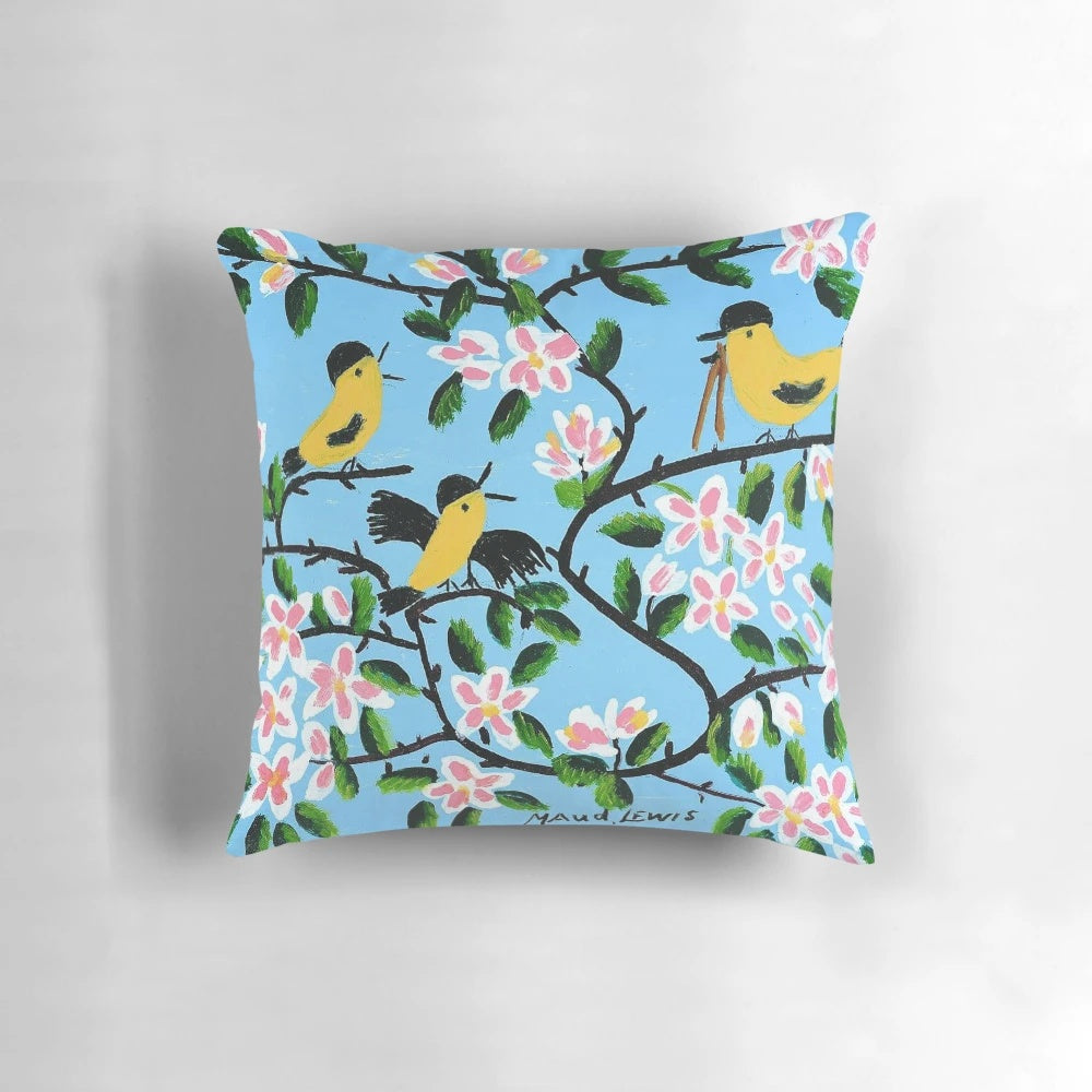 Maud Lewis inspired farmhouse-style pillow featuring a whimsical folk art painting of a cozy cottage, farm animals, and seasonal landscapes.