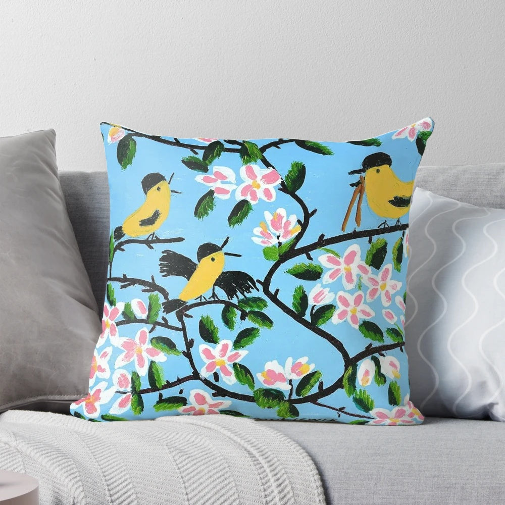 Maud Lewis inspired farmhouse-style pillow featuring a whimsical folk art painting of a cozy cottage, farm animals, and seasonal landscapes.