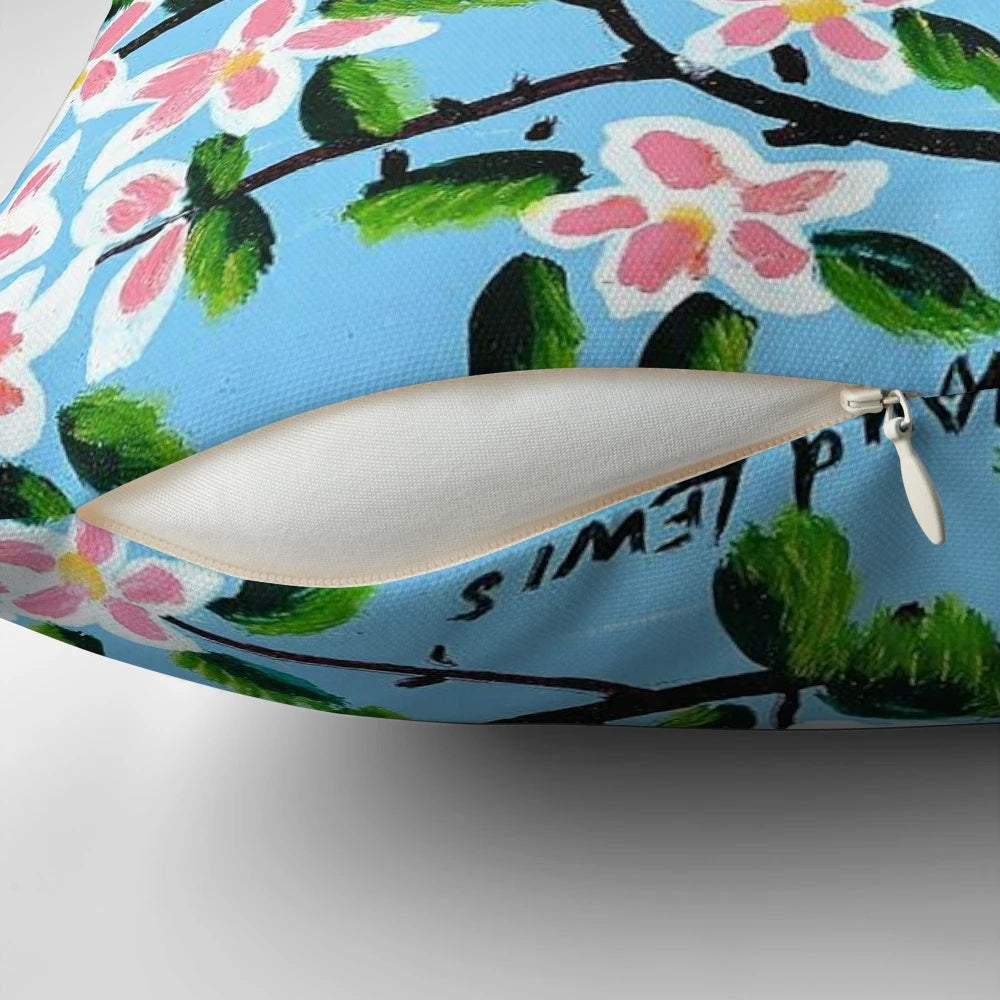 Maud Lewis inspired farmhouse-style pillow featuring a whimsical folk art painting of a cozy cottage, farm animals, and seasonal landscapes.