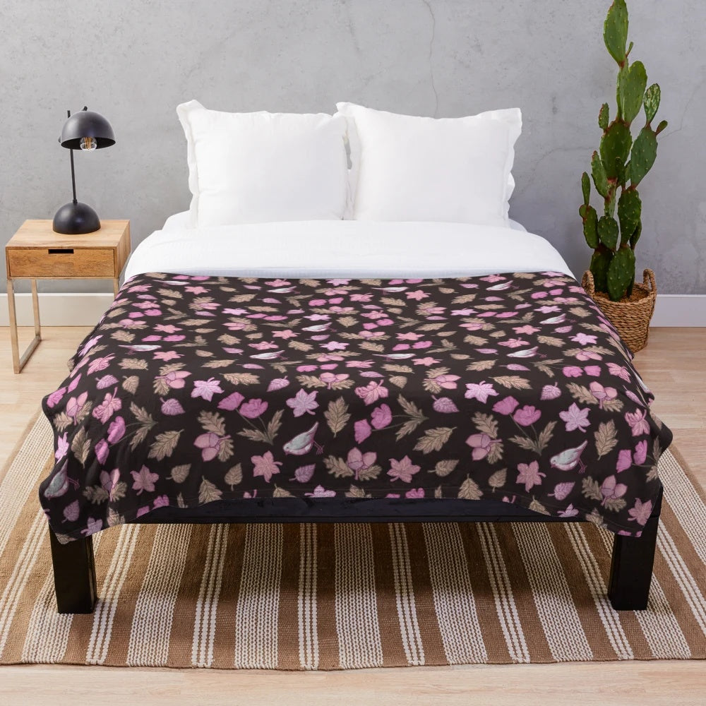 Mauve plush blanket with autumn botanical floral design