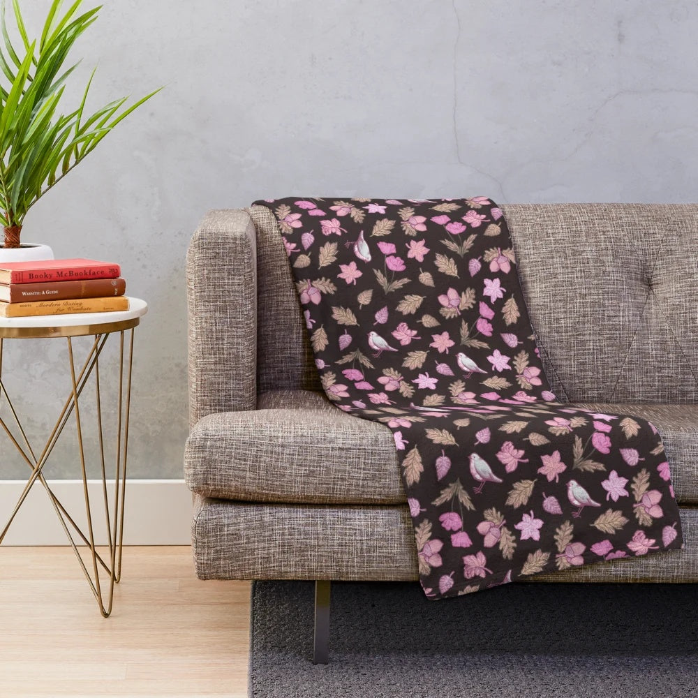 Mauve plush blanket with autumn botanical floral design