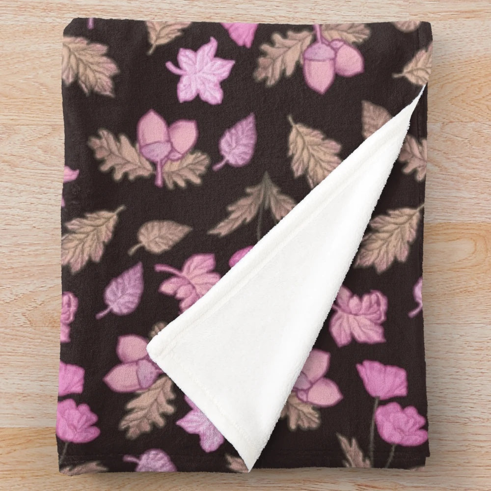 Mauve plush blanket with autumn botanical floral design