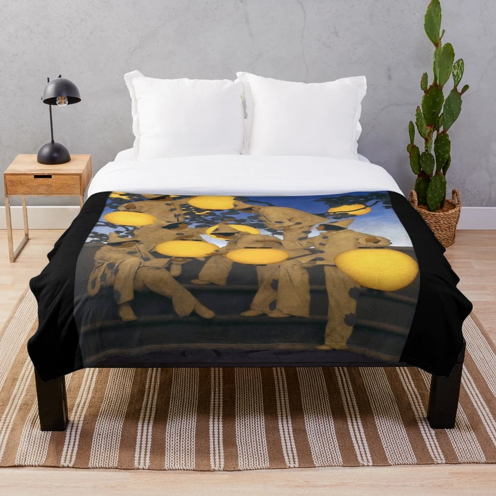 Maxfield Parrish-inspired plush blanket featuring the Lantern Bearers artwork