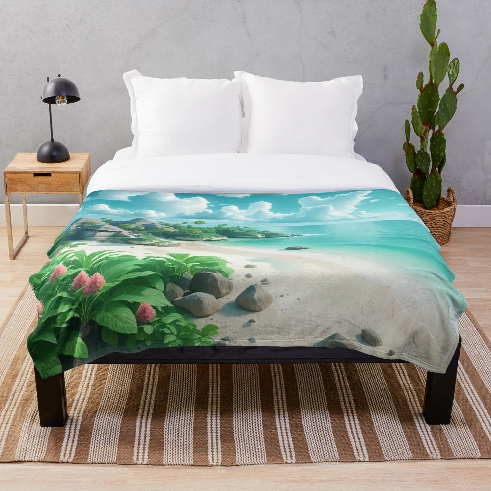 Mayan-inspired plush blanket featuring tropical beach landscape
