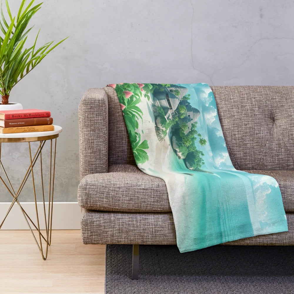 Mayan-inspired plush blanket featuring tropical beach landscape