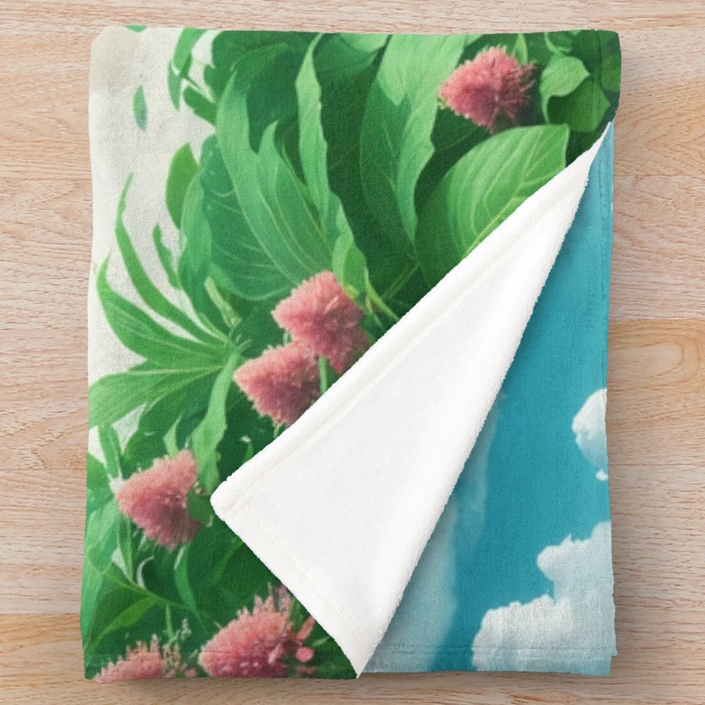 Mayan-inspired plush blanket featuring tropical beach landscape
