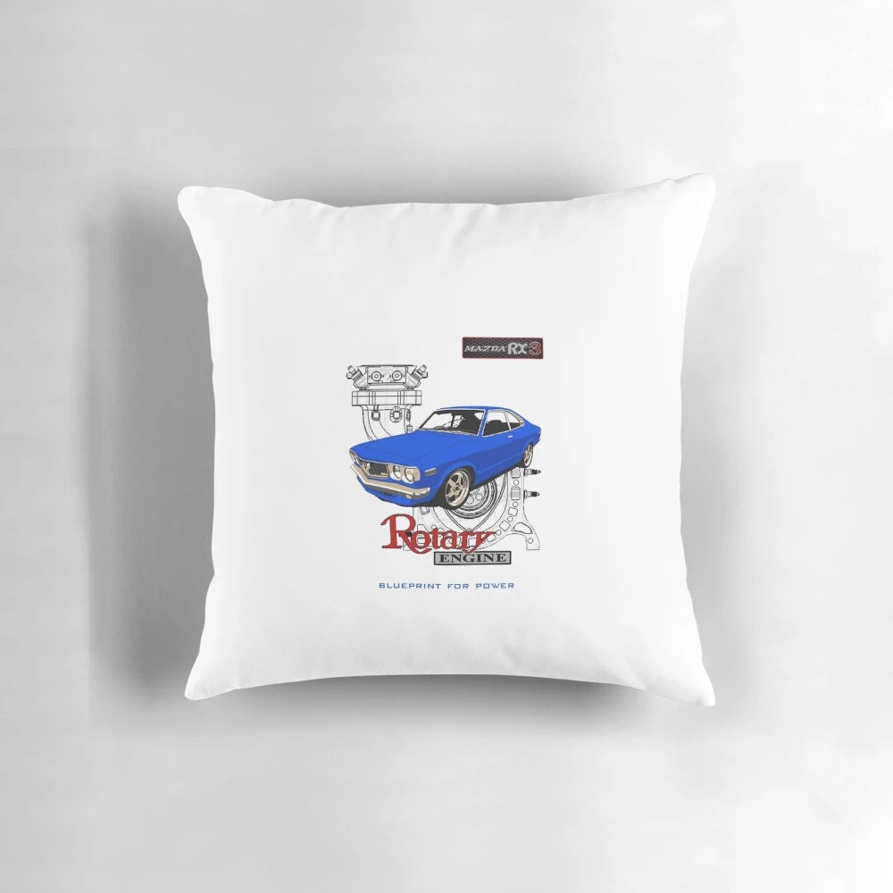 Mazda RX3 Rotary 13B Engine Blueprint Decorative Blue Pillow