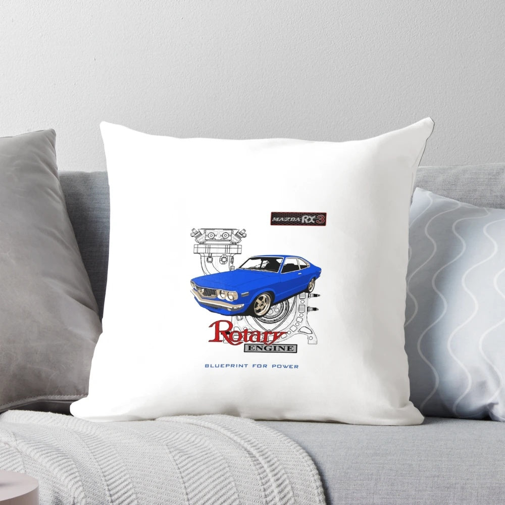 Mazda RX3 Rotary 13B Engine Blueprint Decorative Blue Pillow