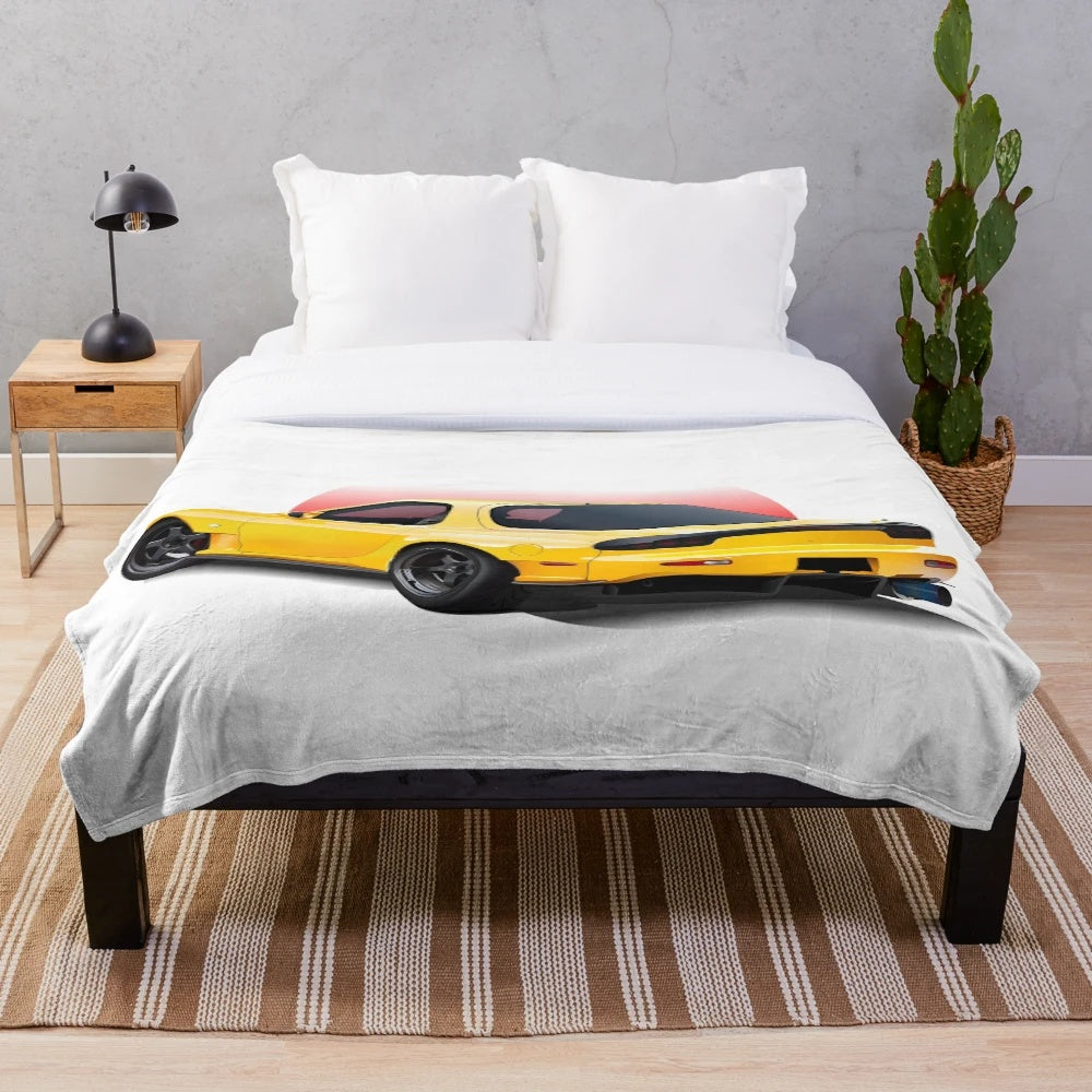 Mazda RX7 inspired plush blanket with drift car design