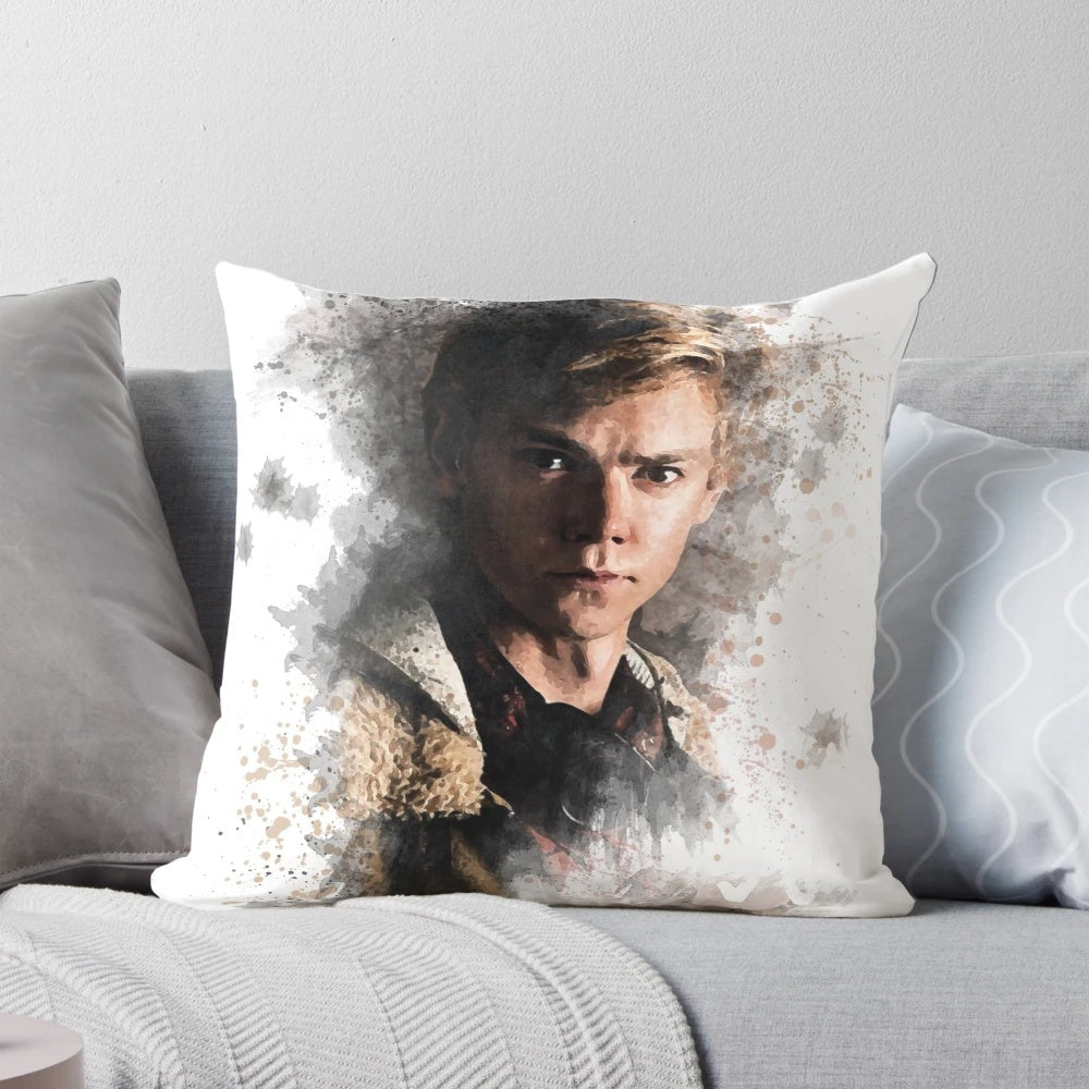 Colorful painting design pillow featuring the character Newt from the Maze Runner movie series