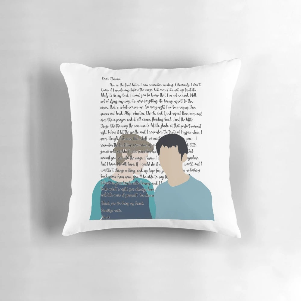 Maze Runner-themed pillow featuring characters Newt and Thomas