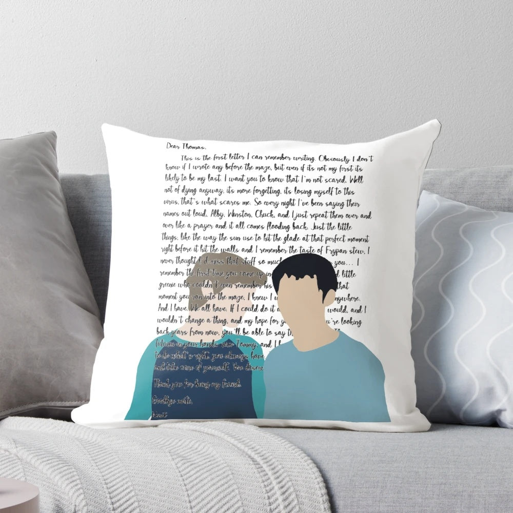Maze Runner-themed pillow featuring characters Newt and Thomas
