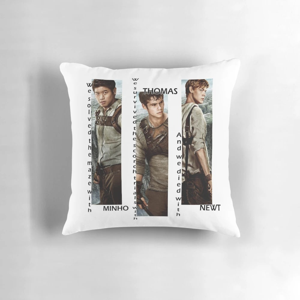 Maze Runner inspired pillow featuring characters Thomas, Newt, and Minho