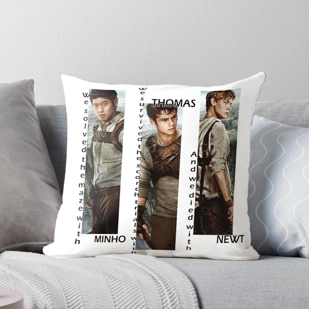 Maze Runner inspired pillow featuring characters Thomas, Newt, and Minho