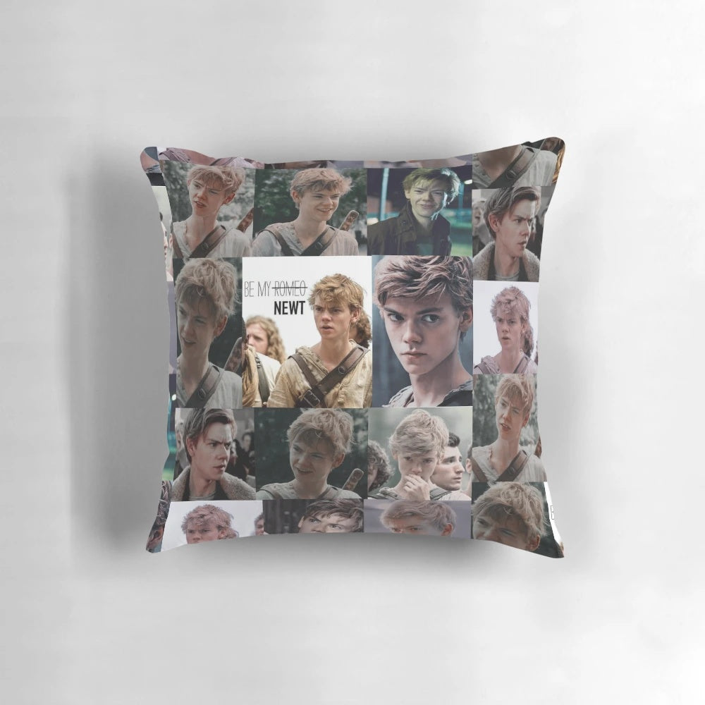 A decorative pillow featuring the character Newt from the Maze Runner movie series.