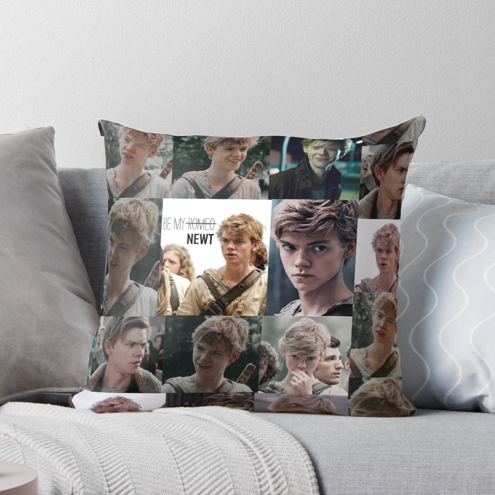 A decorative pillow featuring the character Newt from the Maze Runner movie series.