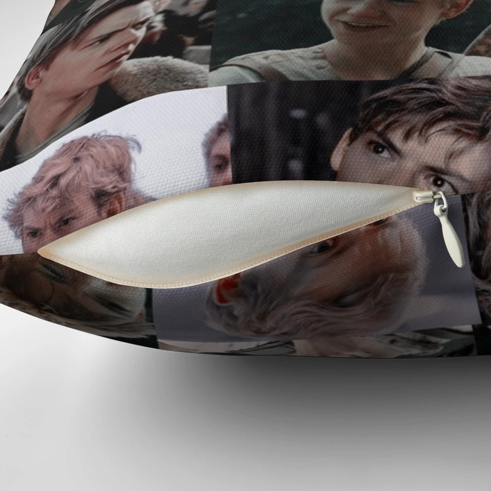 A decorative pillow featuring the character Newt from the Maze Runner movie series.