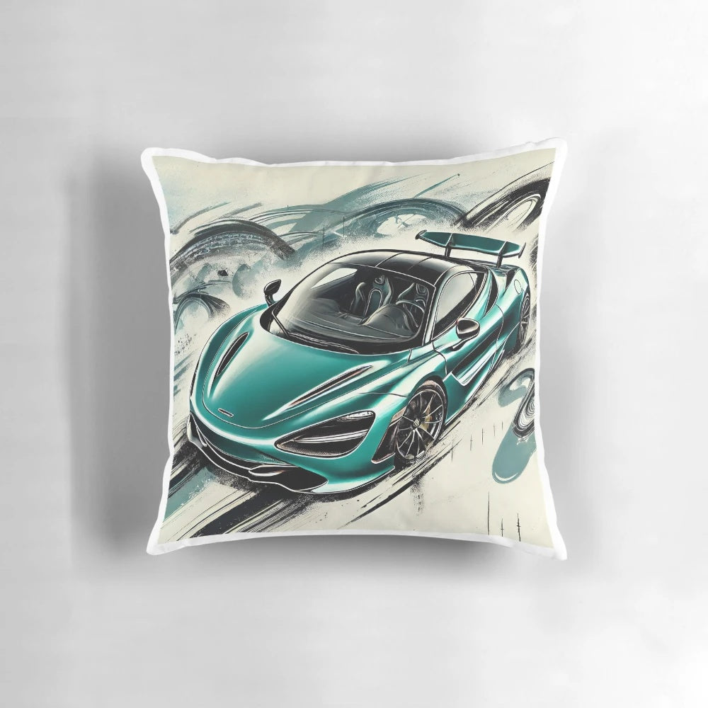 Teal colored Mclaren 720S sports car fanart design on a decorative throw pillow