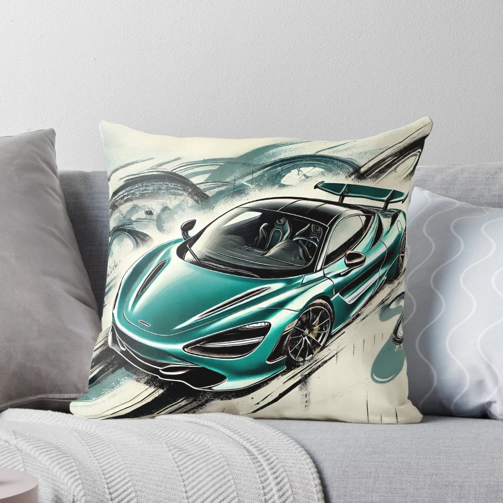 Teal colored Mclaren 720S sports car fanart design on a decorative throw pillow