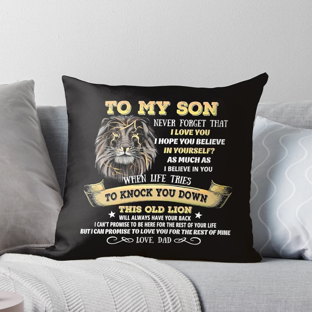 Soft, cozy pillow with a heartfelt message from a father to his son