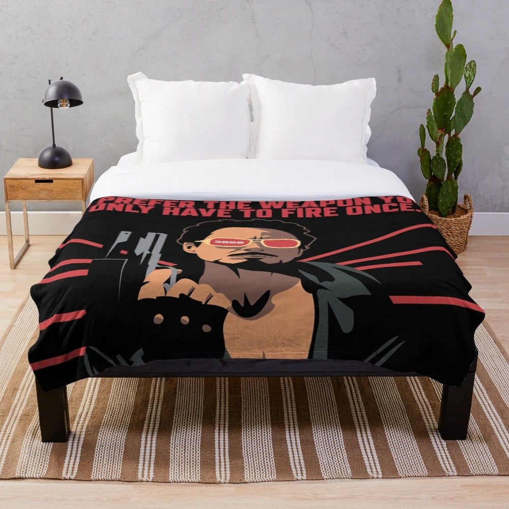 Mechanic-inspired plush blanket featuring a robotic design