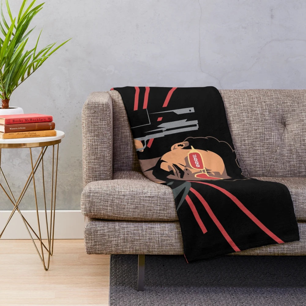 Mechanic-inspired plush blanket featuring a robotic design
