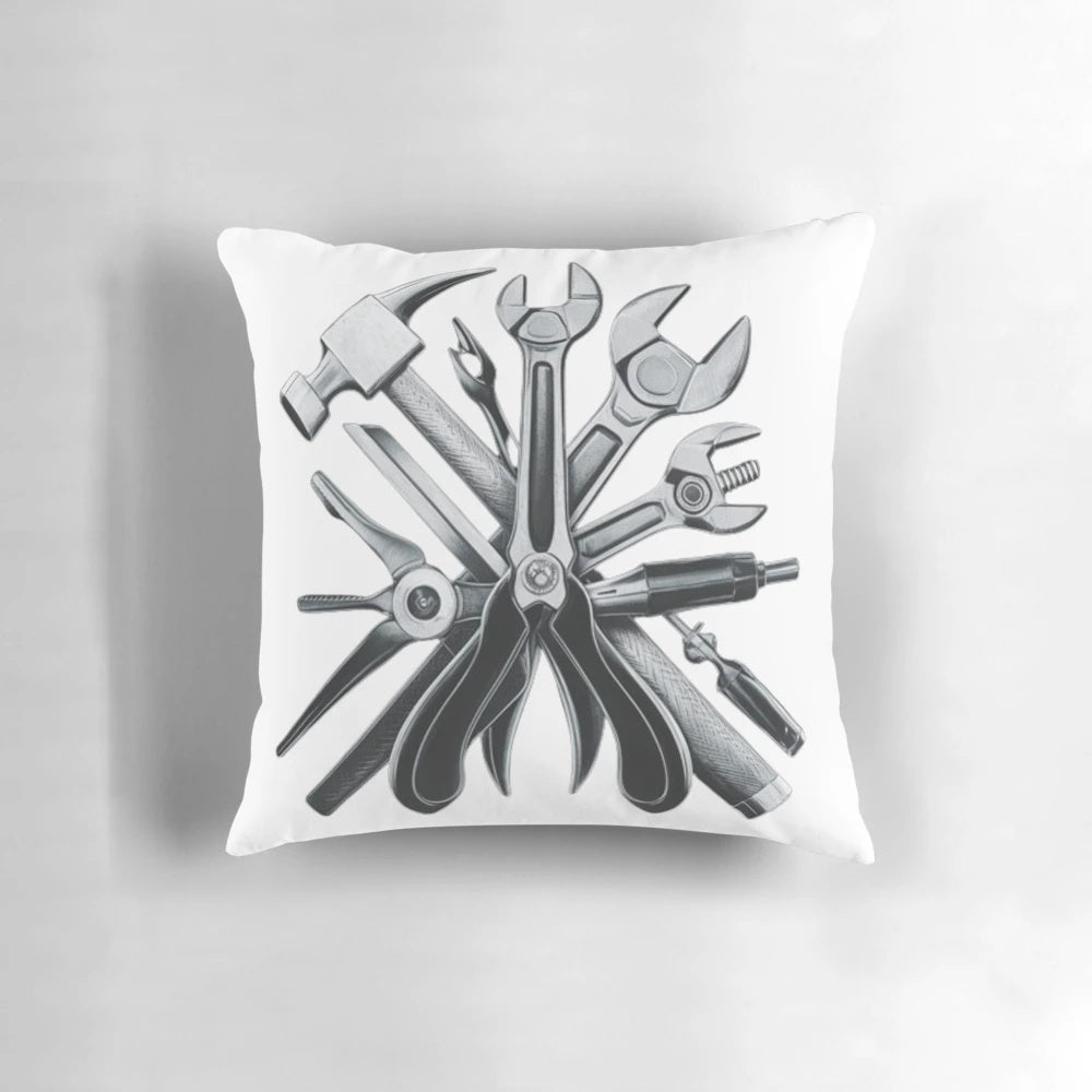 Mechanic tools printed on a plush pillow, perfect for DIY, construction, and trades professionals.