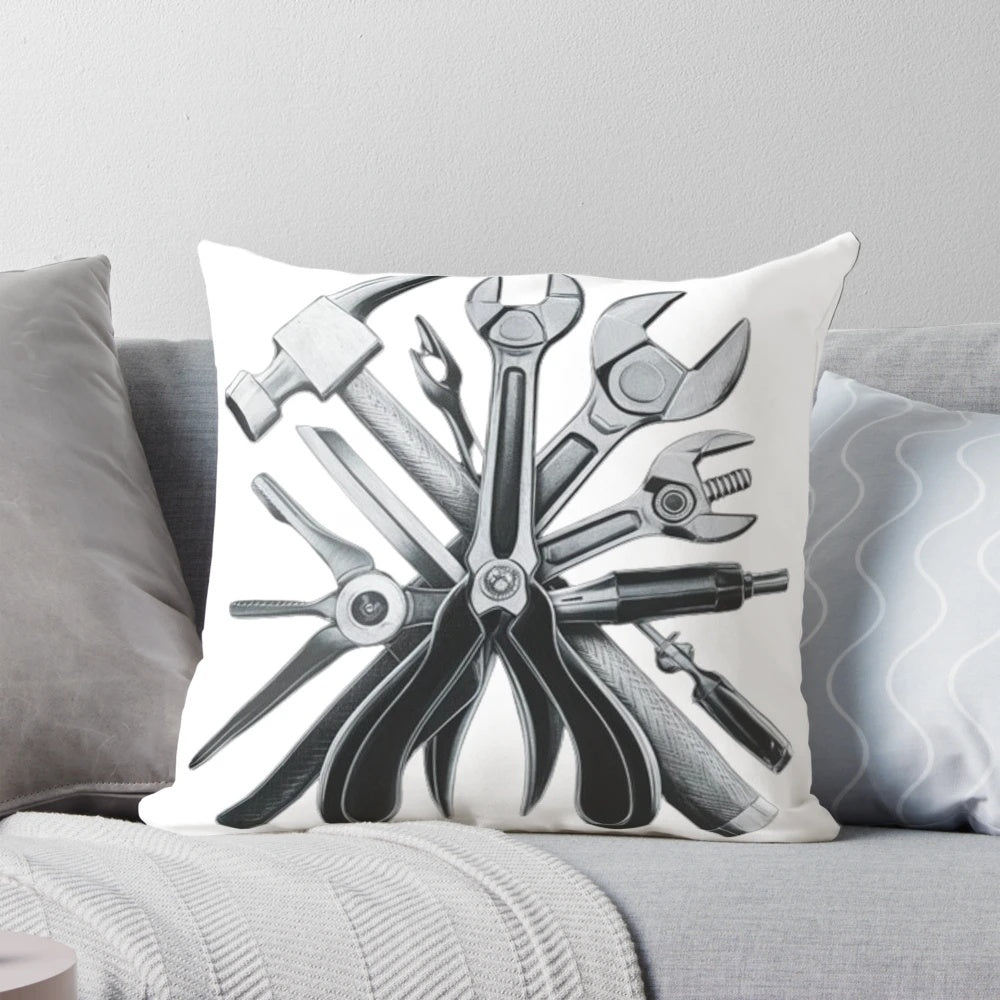 Mechanic tools printed on a plush pillow, perfect for DIY, construction, and trades professionals.