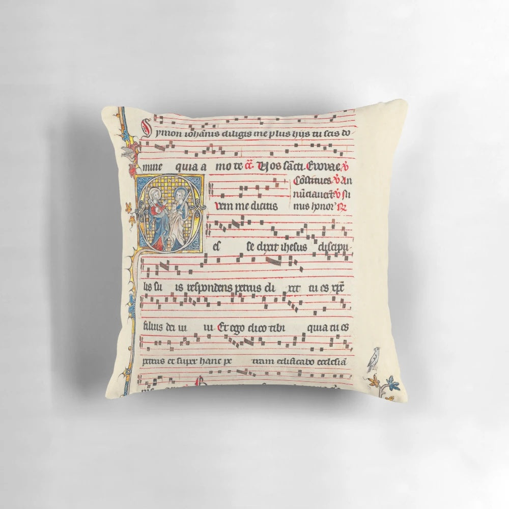Decorative pillow featuring an image of a medieval antiphonary or musical manuscript used in Gregorian chant and Catholic liturgy.