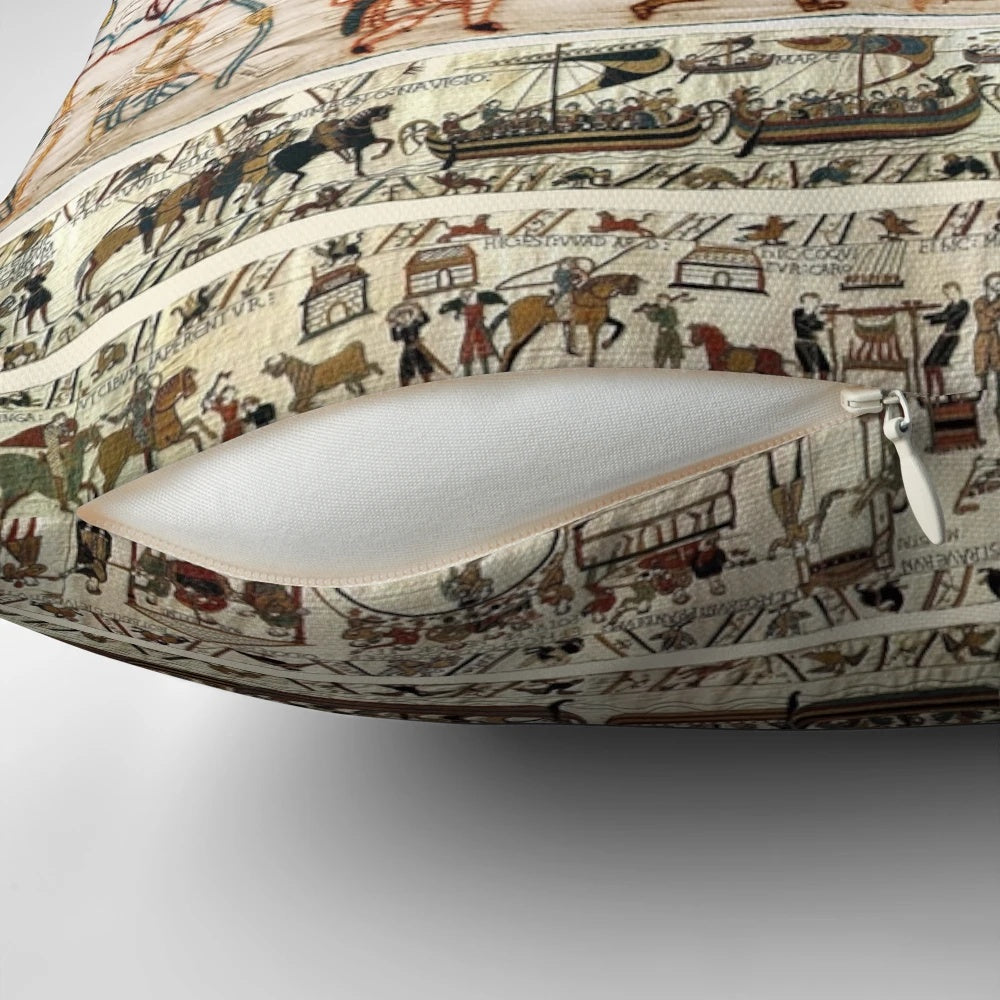Detailed embroidered pillow depicting the famous Battle of Hastings with Norman knights on horseback.