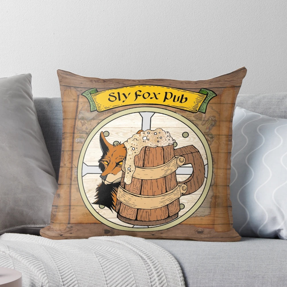 Sly Fox Pub Pillow in medieval fantasy style with dragon, tavern, and renaissance festival elements