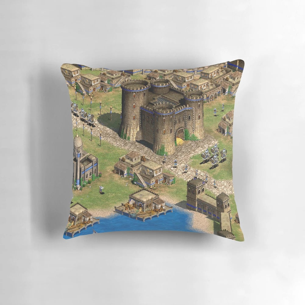 Decorative pillow featuring an oriental town design inspired by the popular Age of Empires 2 video game