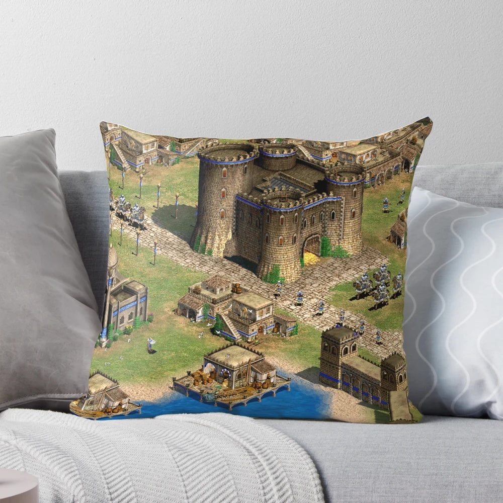 Decorative pillow featuring an oriental town design inspired by the popular Age of Empires 2 video game