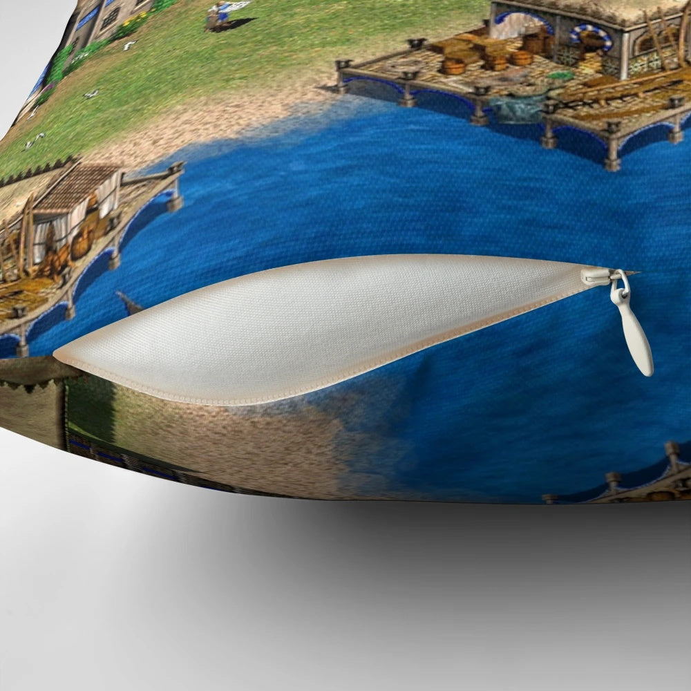 Decorative pillow featuring an oriental town design inspired by the popular Age of Empires 2 video game