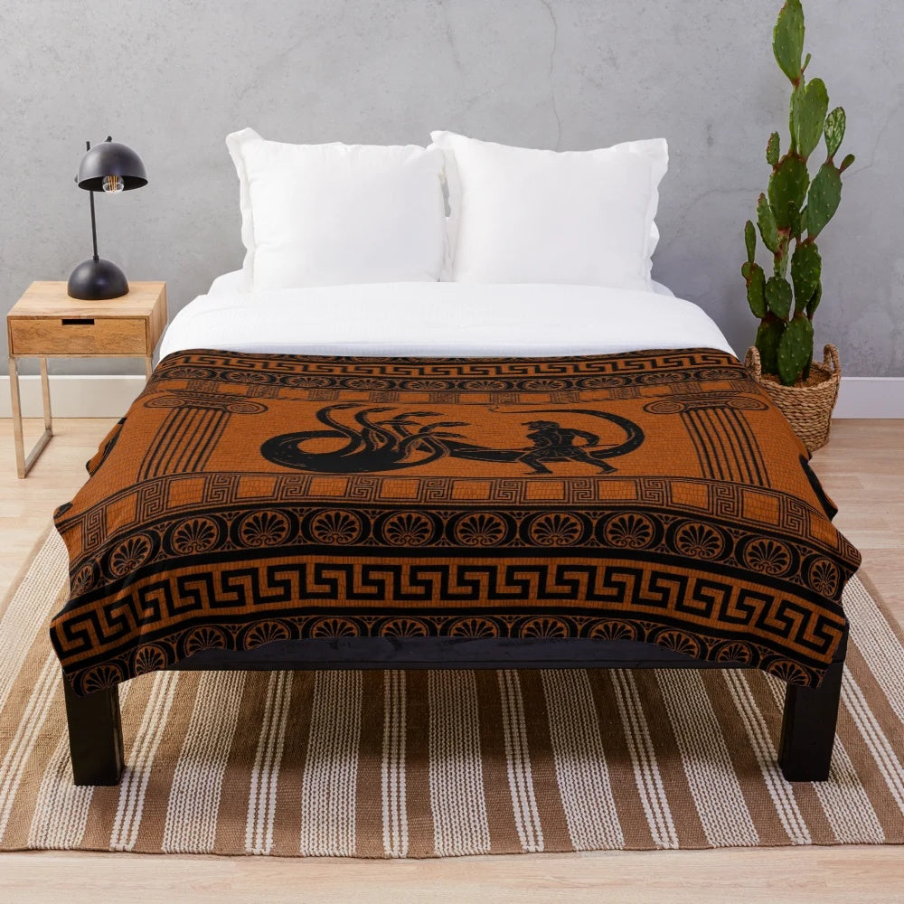 Hercules vs Hydra plush blanket with Greek mythology-inspired pattern design