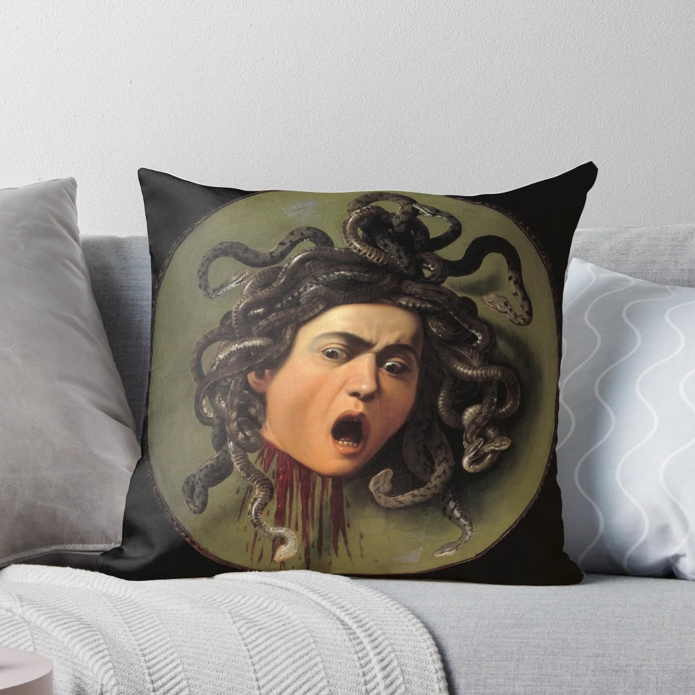 Medusa inspired pillow featuring classic renaissance-style artwork