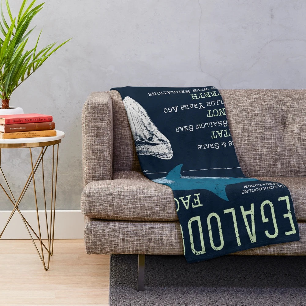 Megalodon shark plush blanket with fascinating facts