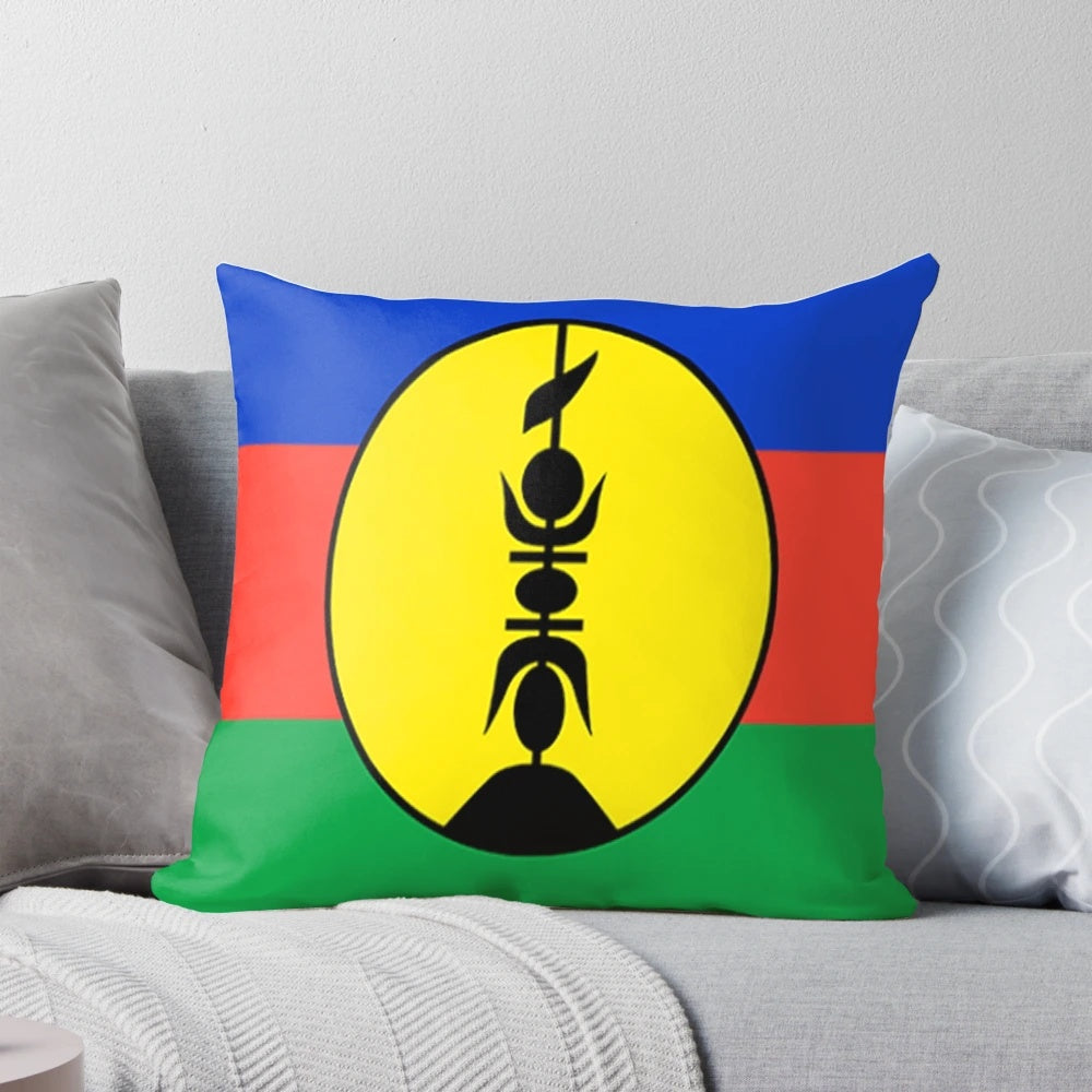 Colorful Melanesian 'Kanaky/New Caledonia' flag printed on a soft, comfortable pillow.