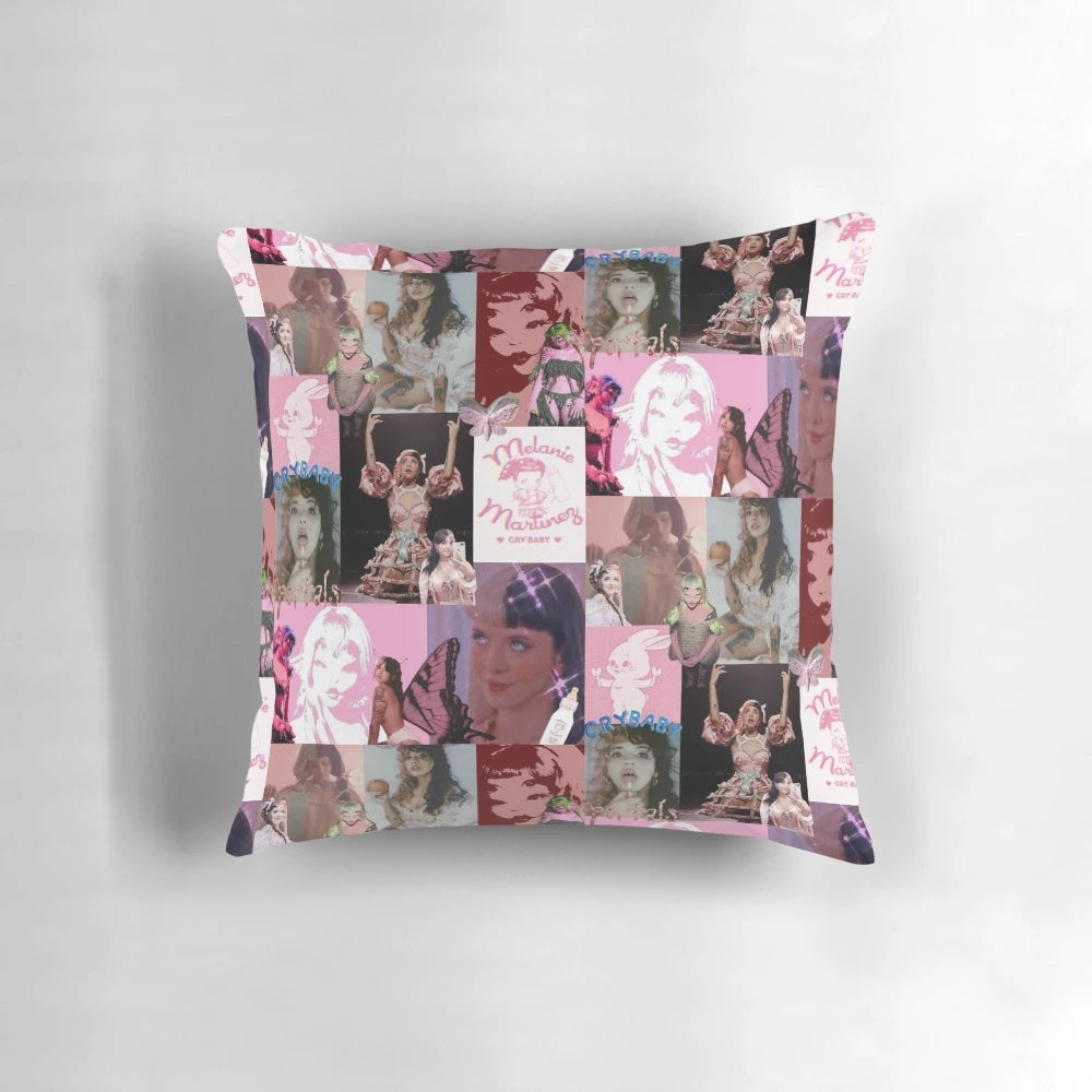 Soft, pink pillow with Melanie Martinez "Crybaby" portal design