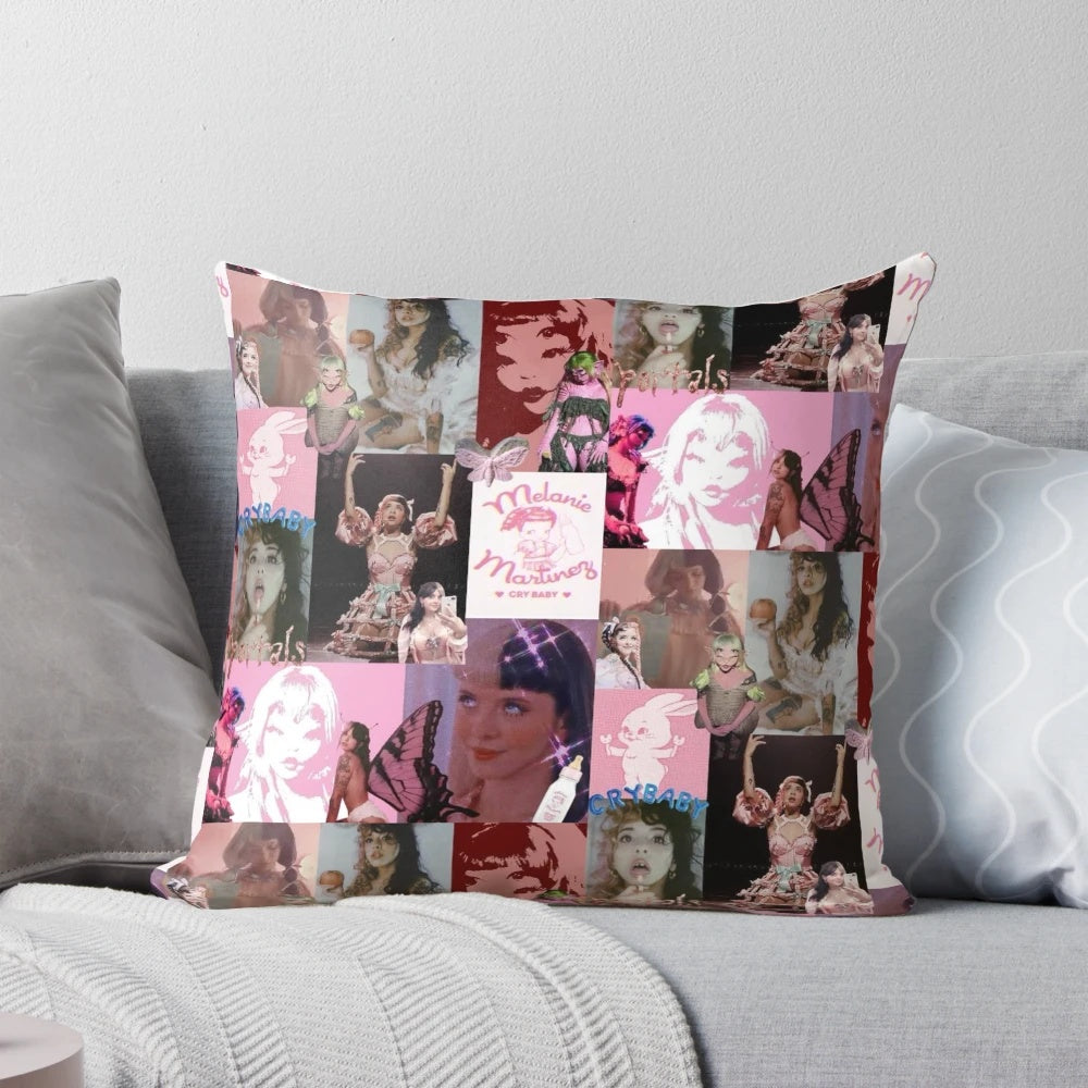 Soft, pink pillow with Melanie Martinez "Crybaby" portal design