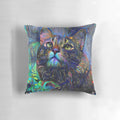 Decorative throw pillow featuring a colorful painting of a cat by artist Lea Roche