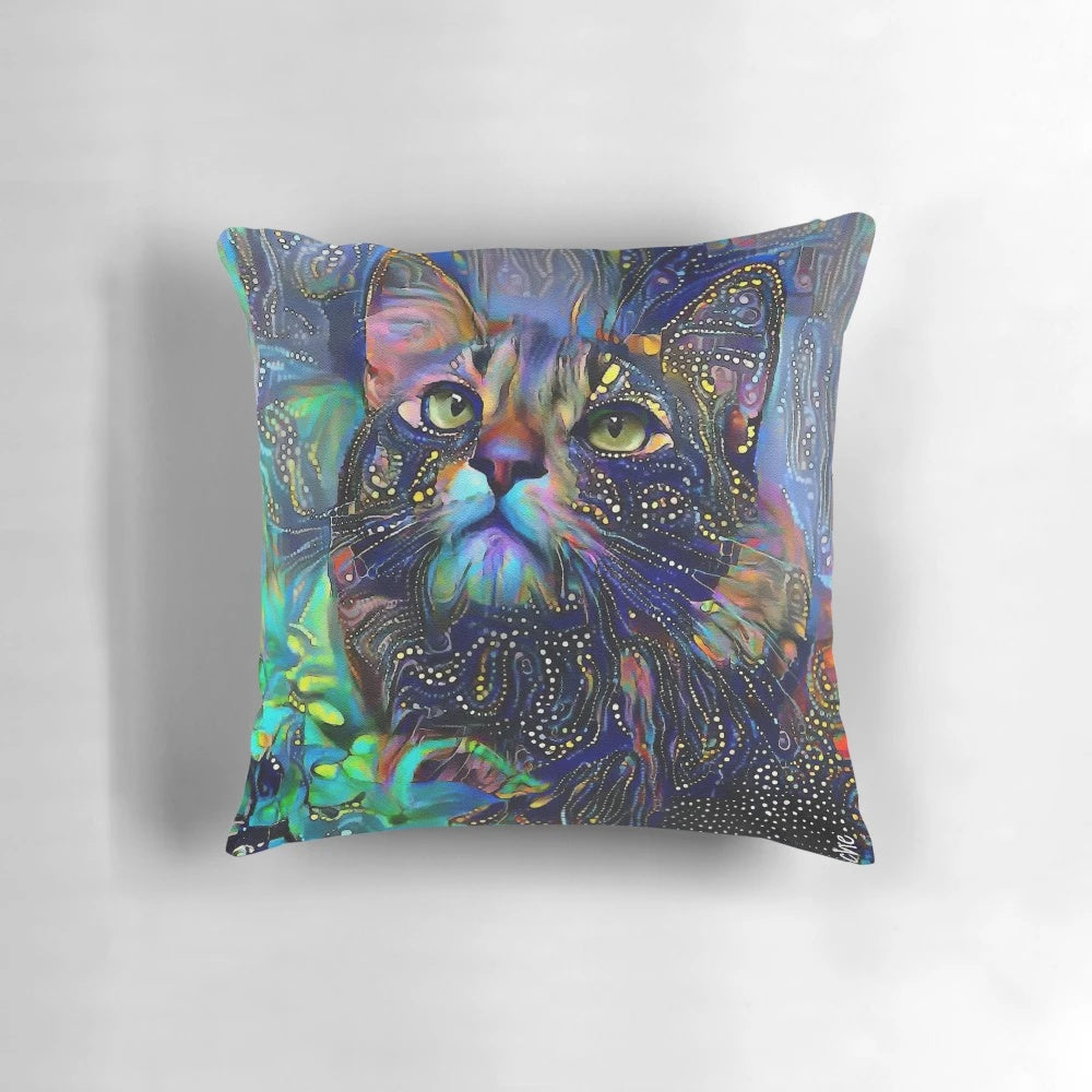Decorative throw pillow featuring a colorful painting of a cat by artist Lea Roche
