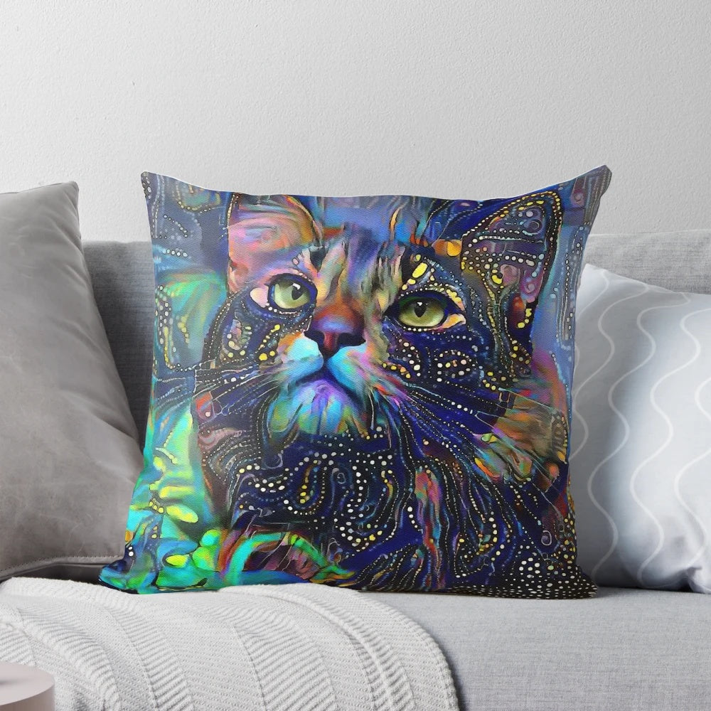 Decorative throw pillow featuring a colorful painting of a cat by artist Lea Roche