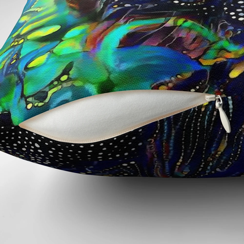 Decorative throw pillow featuring a colorful painting of a cat by artist Lea Roche