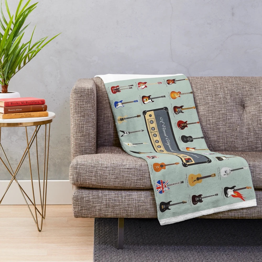 A plush blanket featuring various types of guitars, perfect for music lovers.
