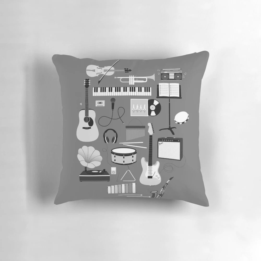 A decorative pillow featuring various musical instruments and music-themed icons.